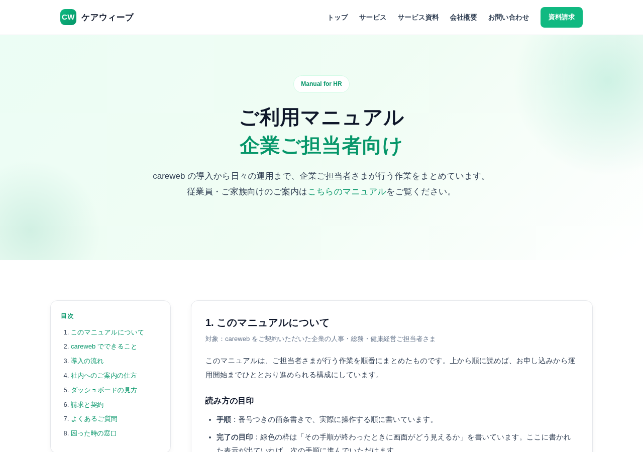 企業ご担当者向けご利用マニュアルをパソコンで開いた画面。目次に「導入の流れ」「社内へのご案内の仕方」「ダッシュボードの見方」などが並んでいる。